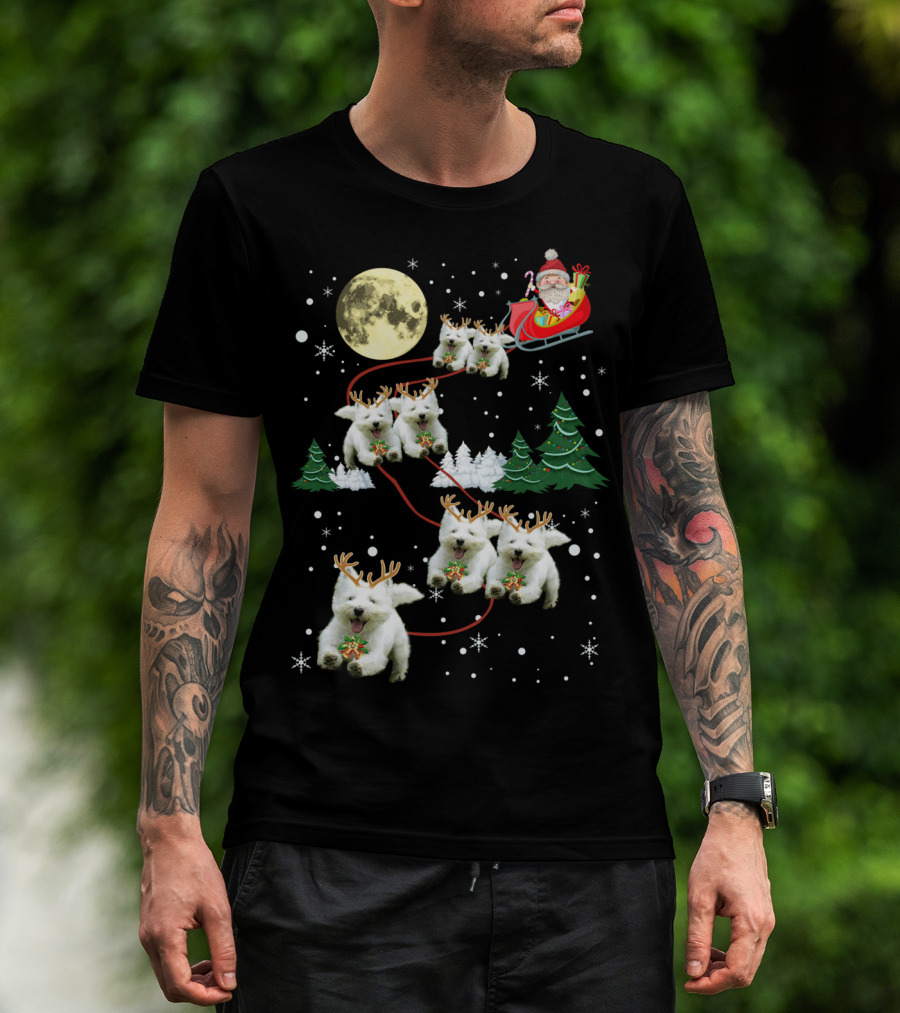 Santa's Sleigh Pulled By Funny Westie Puppies Under Moonlit Christmas Sky T-Shirt