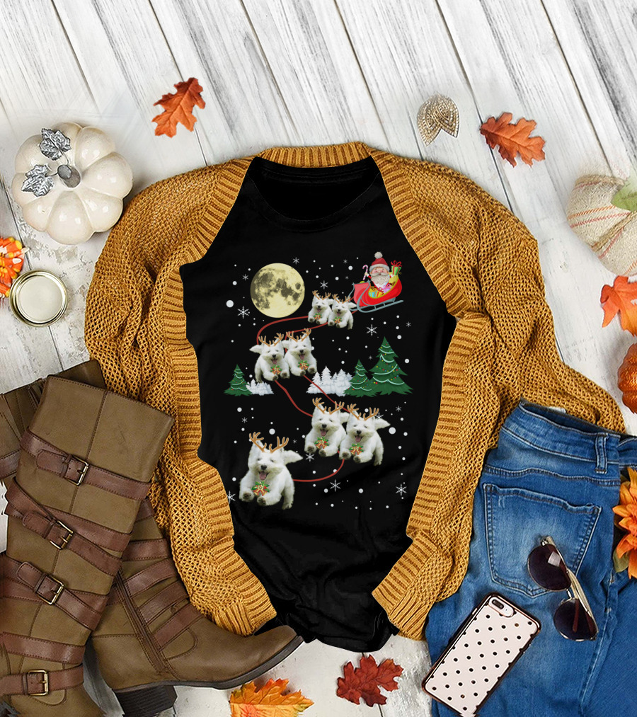 Santa's Sleigh Pulled by Funny Westie Puppies Under Moonlit Christmas Sky T-Shirt