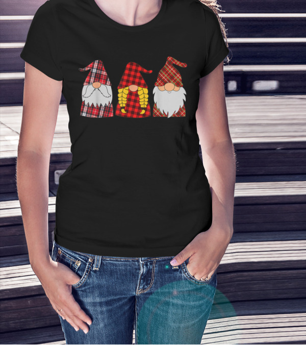 Hanging With Three Red Plaid Gnomies Gnome T-Shirt