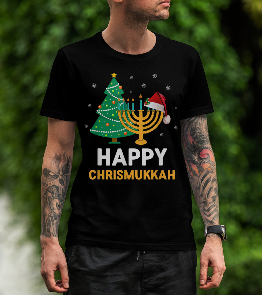 Happy Chrismukkah Funny Hanukkah Christmas Tree Menorah Santa Hat Snowflakes T-Shirt