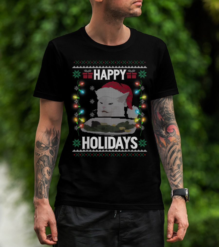 Happy Holidays Yelling Cat Meme Christmas Lights T-Shirt