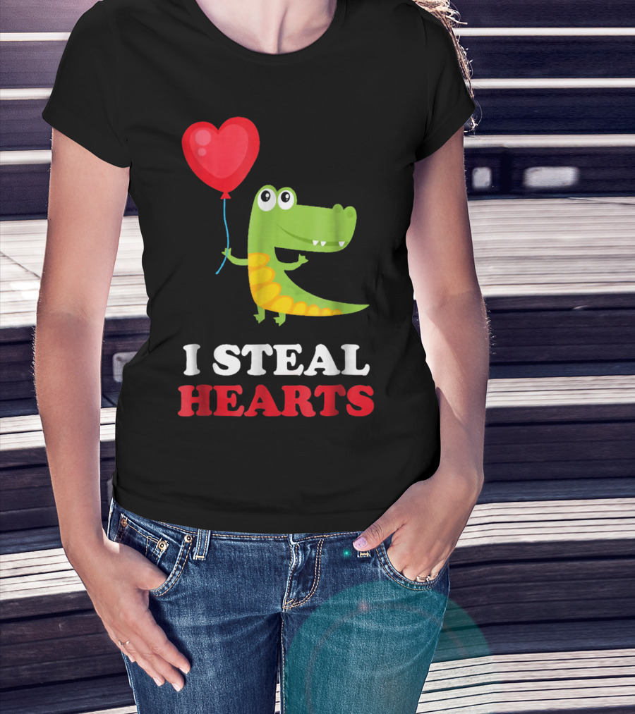 I Steal Hearts Dinosaur Holding Balloon Valentines Day T-Shirt