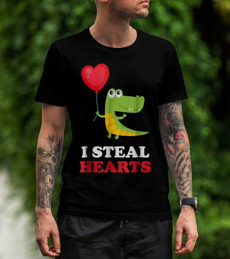 I Steal Hearts Dinosaur Holding Balloon Valentines Day T-Shirt