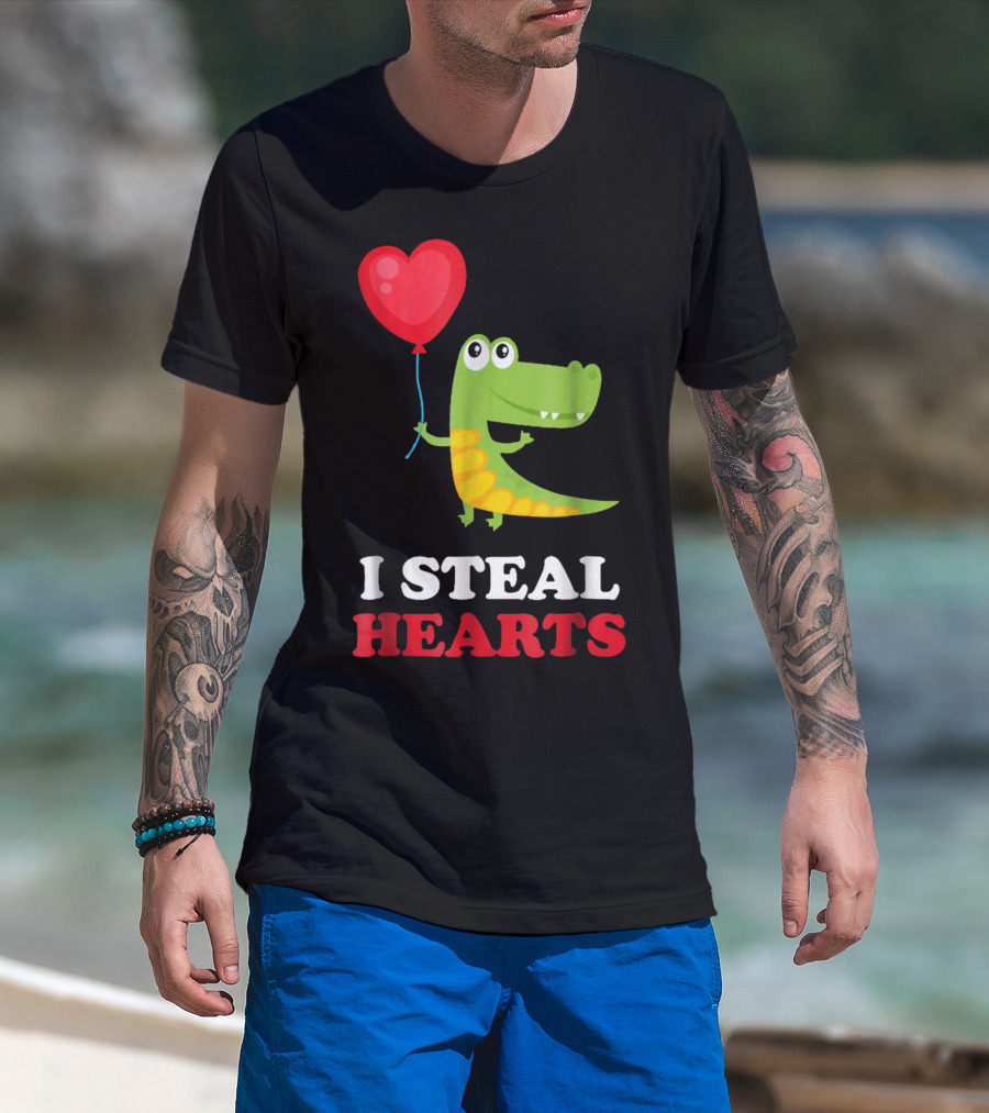 I Steal Hearts Dinosaur Holding Balloon Valentines Day T-Shirt