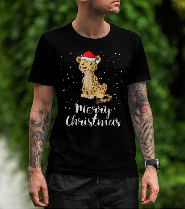 Merry Christmas Leopard Santa Hat Matching Family Group T-Shirt