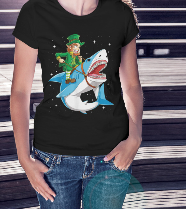 Leprechaun On Great White Shark With Starry Background T-Shirt