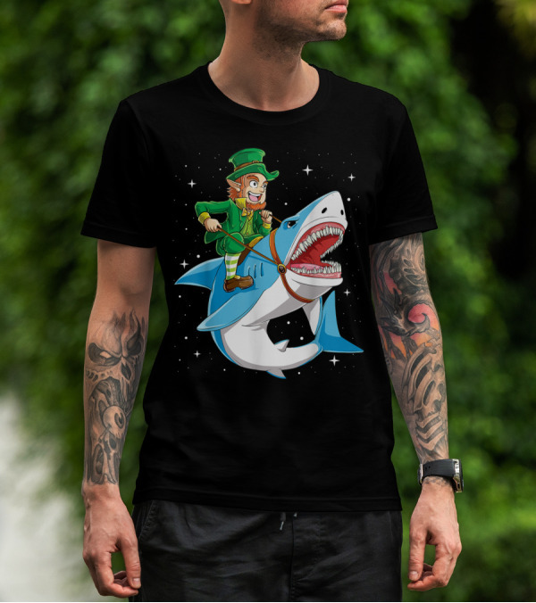 Leprechaun On Great White Shark With Starry Background T-Shirt
