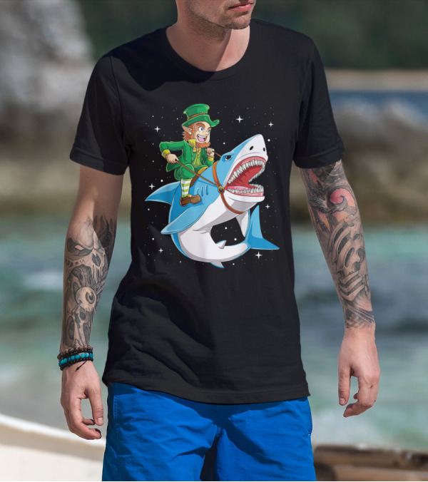 Leprechaun On Great White Shark With Starry Background T-Shirt