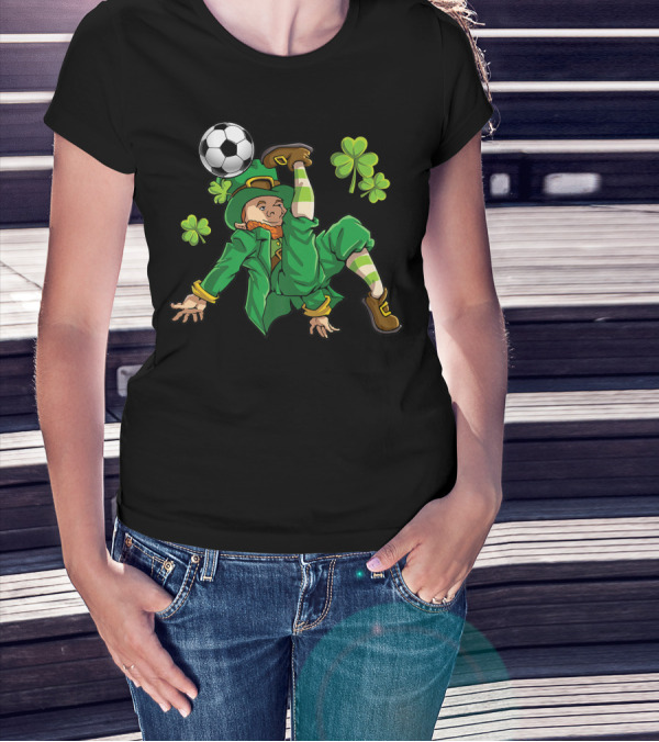 Leprechaun Soccer With Shamrocks And Soccer Ball Kick T-Shirt
