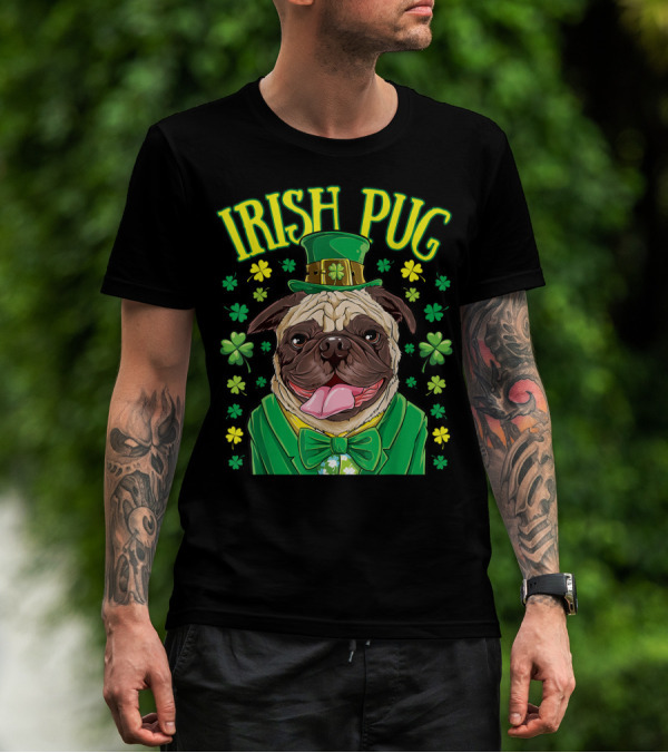 Irish Pug Leprechaun St Patricks Day Boys Dog Shamrock Hat Bow Tie T-Shirt
