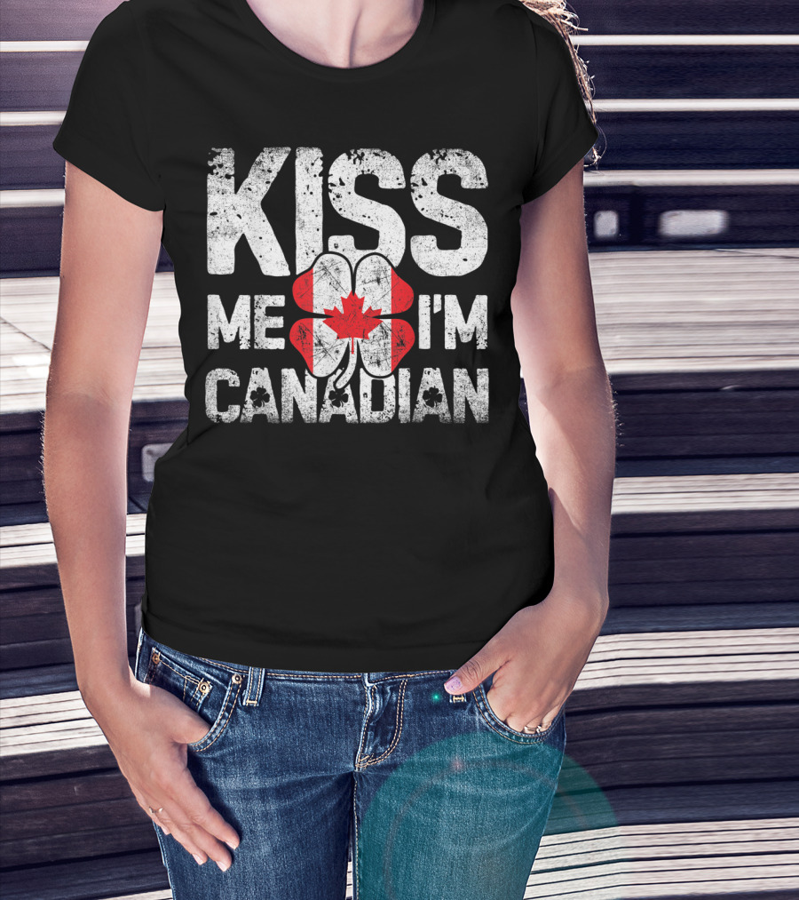 Kiss Me I'm Canadian St Patricks Day Shamrock Maple Leaf T-Shirt