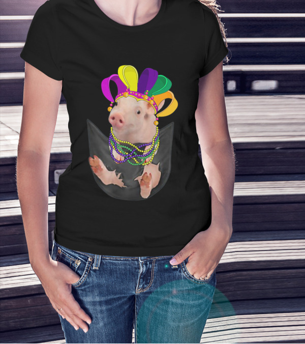 Mardi Gras Pig In Your Pocket With Colorful Beads And Jester Hat Farm Animal T-Shirt