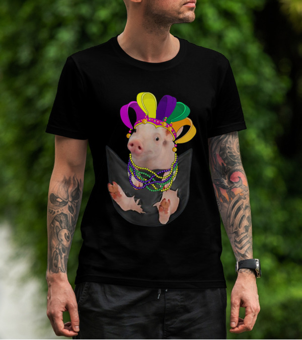 Mardi Gras Pig In Your Pocket With Colorful Beads And Jester Hat Farm Animal T-Shirt