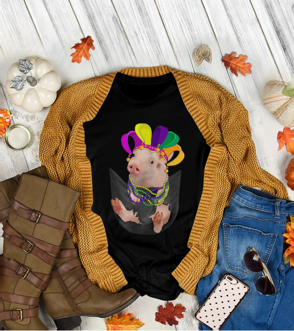 Mardi Gras Pig In Your Pocket With Colorful Beads And Jester Hat Farm Animal T-Shirt