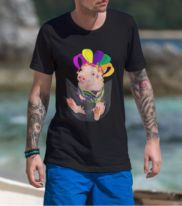 Mardi Gras Pig In Your Pocket With Colorful Beads And Jester Hat Farm Animal T-Shirt