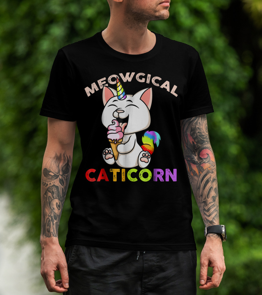 Meowgical Caticorn Rainbow Cat Unicorn Eating Ice Cream Cone T-Shirt