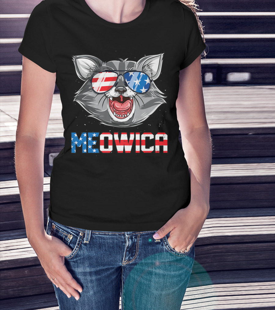 Meowica American Flag Cat Sunglasses 4th Of July Merica T-Shirt
