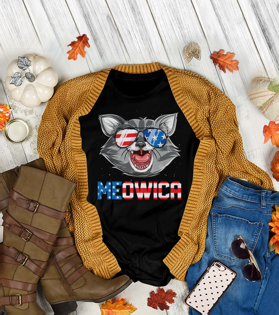 Meowica American Flag Cat Sunglasses 4th Of July Merica T-Shirt