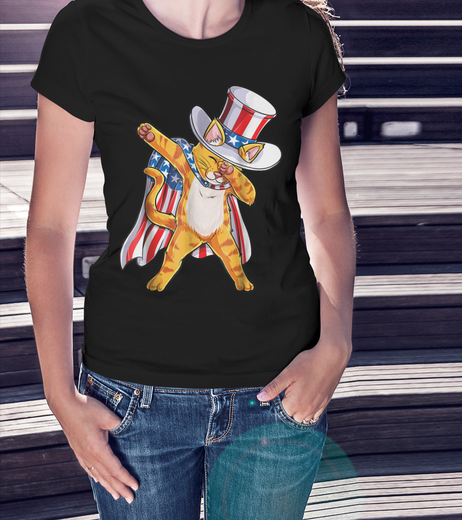 Meowica Dabbing Cat Patriotic Uncle Sam 4th Of July T-Shirt