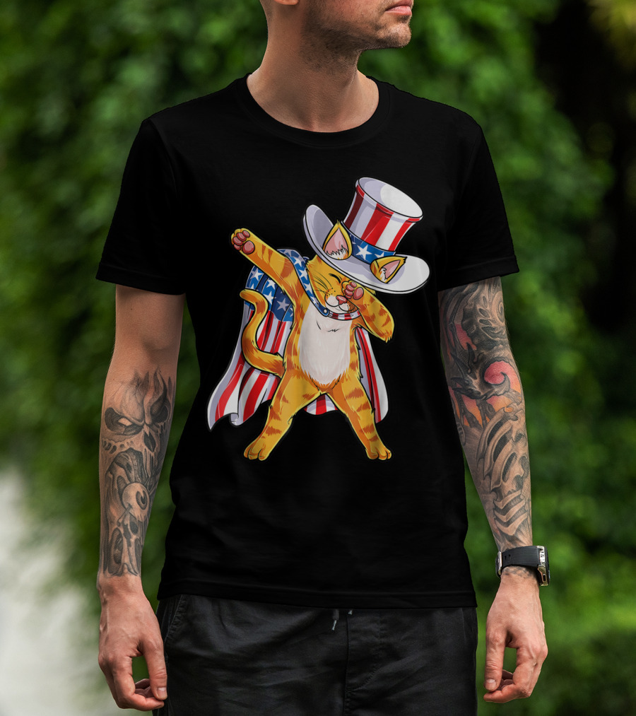 Meowica Dabbing Cat Patriotic Uncle Sam 4th Of July T-Shirt