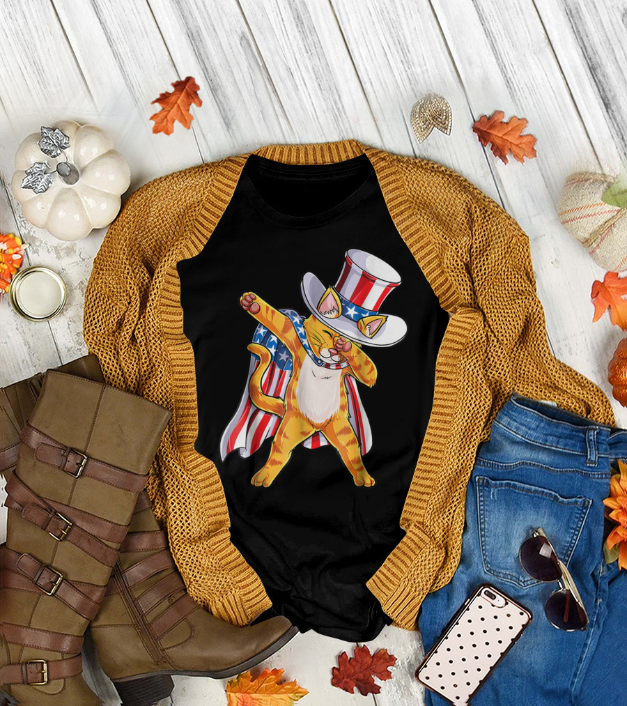 Meowica Dabbing Cat Patriotic Uncle Sam 4th Of July T-Shirt