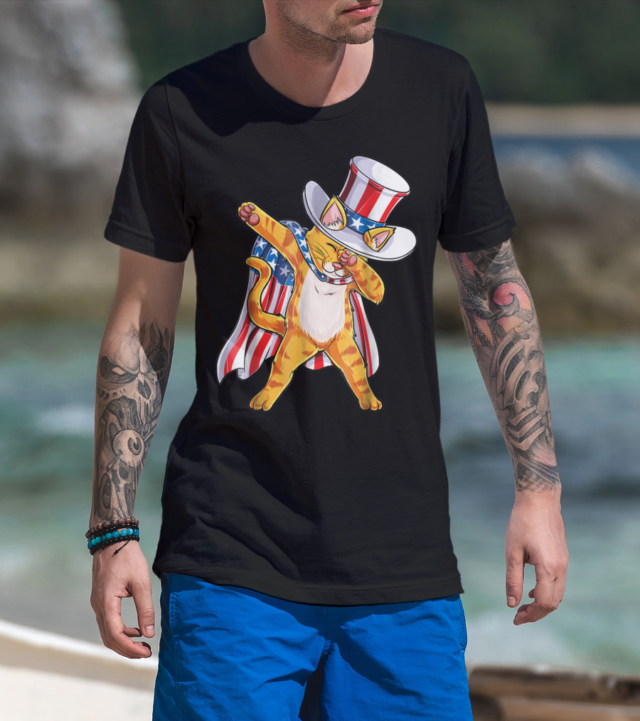 Meowica Dabbing Cat Patriotic Uncle Sam 4th Of July T-Shirt