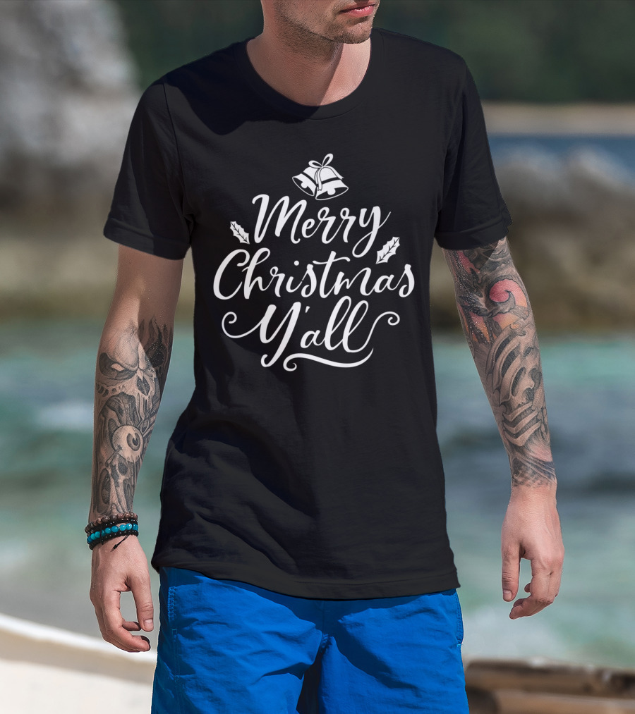 Merry Christmas Y'all Xmas Holiday Bells And Holly T-Shirt