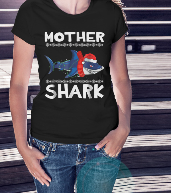 Mother Shark Ugly Christmas Sweater Santa Hat Family T-Shirt