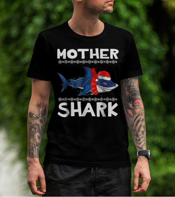 Mother Shark Ugly Christmas Sweater Santa Hat Family T-Shirt