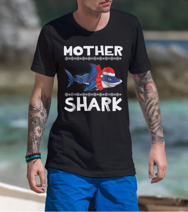 Mother Shark Ugly Christmas Sweater Santa Hat Family T-Shirt