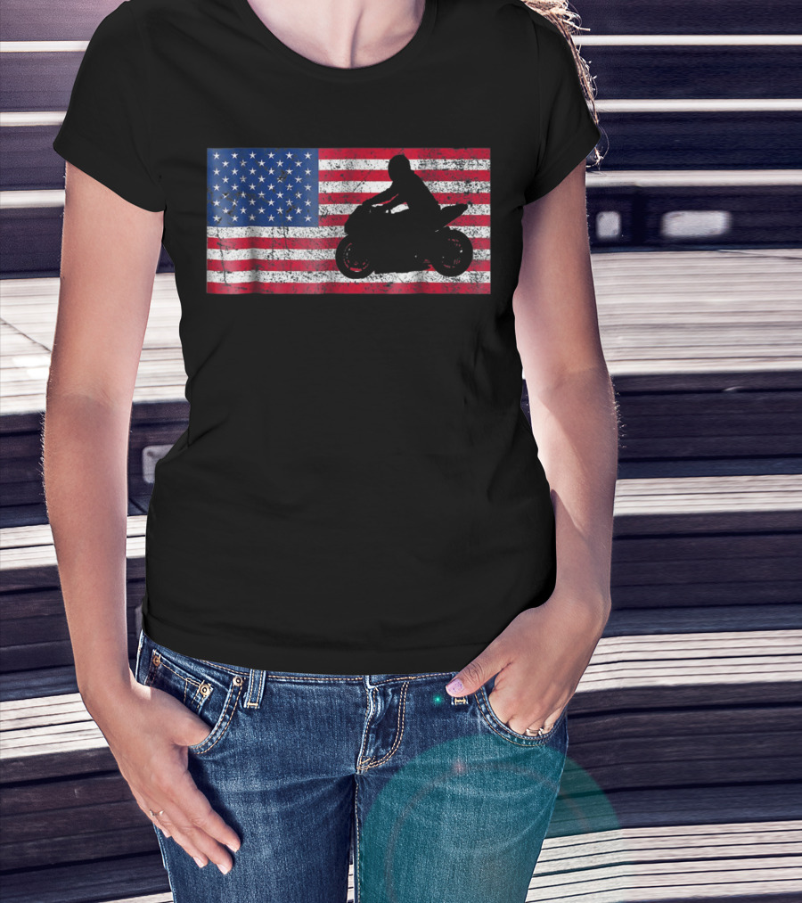 Moto Sport USA Flag Pride 4th Of July Motorbike Rider T-Shirt