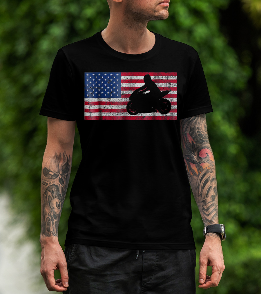 Moto Sport USA Flag Pride 4th Of July Motorbike Rider T-Shirt