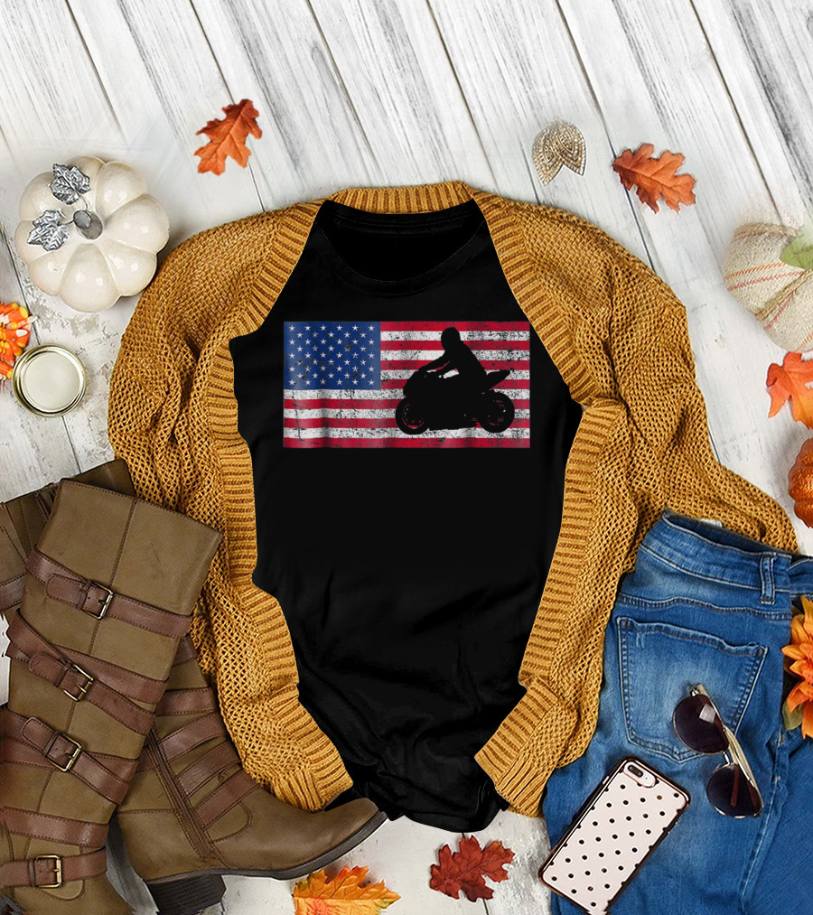 Moto Sport USA Flag Pride 4th Of July Motorbike Rider T-Shirt
