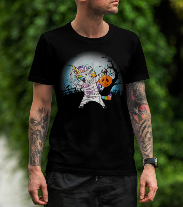 Halloween Mummy Unicorn Dabbing With Pumpkin Basket T-Shirt