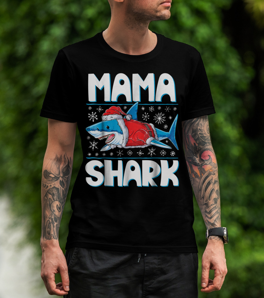 Mama Shark Santa Festive Snowflakes T-Shirt