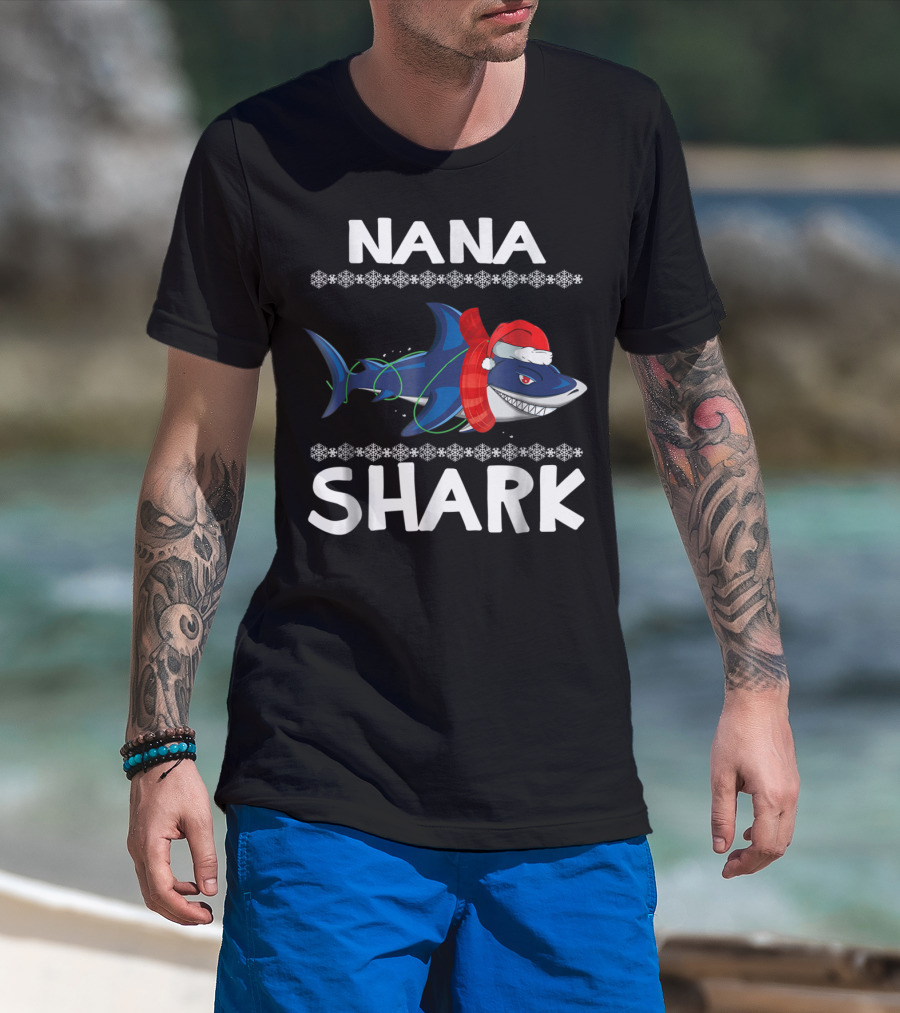 Nana Shark Christmas Sweater With Santa Hat And Snowflakes T-Shirt