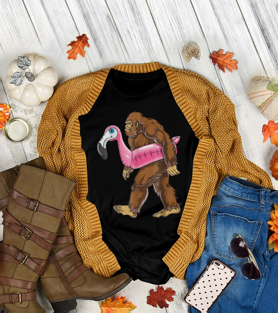 Pool Party Bigfoot with Pink Flamingo Float Sasquatch T-Shirt