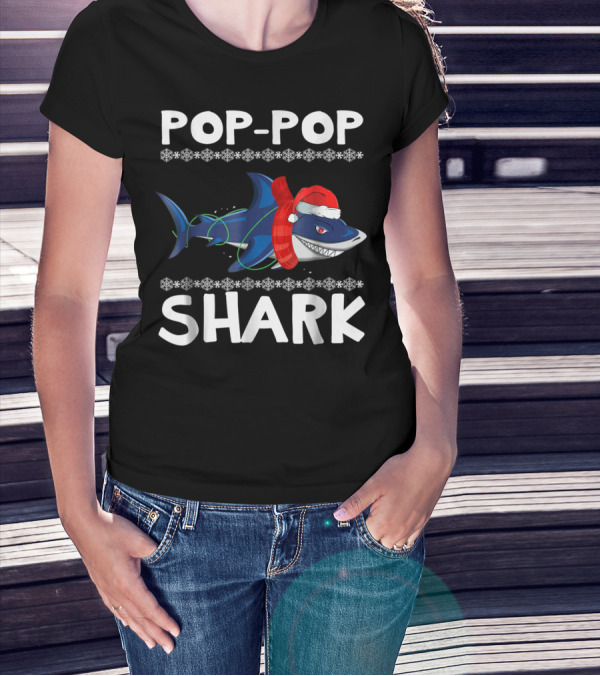 Pop-Pop Shark Santa Hat Christmas Family T-Shirt
