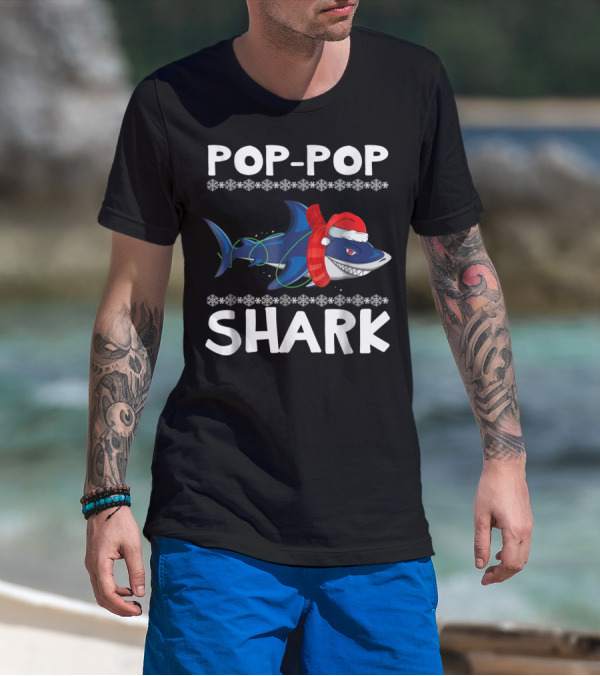 Pop-Pop Shark Santa Hat Christmas Family T-Shirt