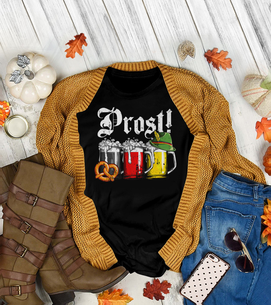 Prost Beer German Flag Oktoberfest with Pretzel and Bavarian Hat T-Shirt