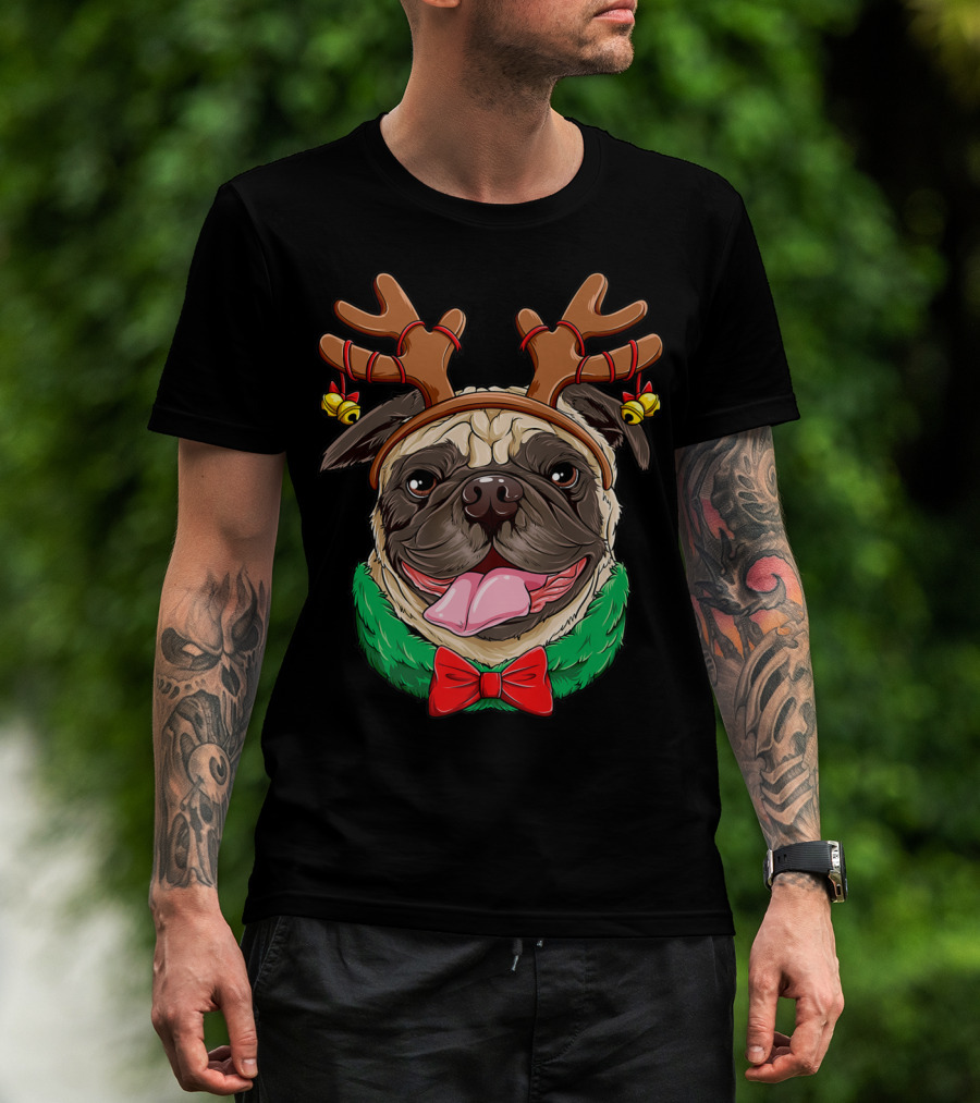 Pug Christmas Reindeer Antlers Dog Xmas Girls S6 Holiday Bow Wrapping Bells T-Shirt