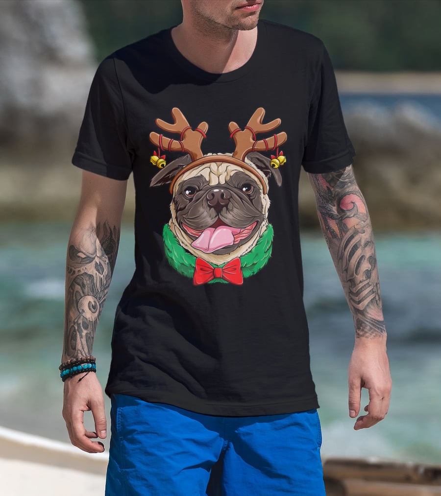 Pug Christmas Reindeer Antlers Dog Xmas Girls S6 Holiday Bow Wrapping Bells T-Shirt