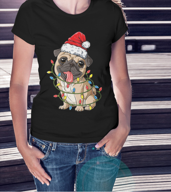 Pug Wearing Santa Hat Wrapped In Xmas Lights For Christmas T-Shirt