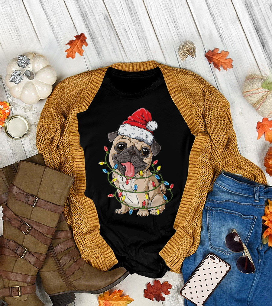 Pug Wearing Santa Hat Wrapped in Xmas Lights for Christmas T-Shirt
