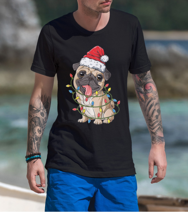 Pug Wearing Santa Hat Wrapped In Xmas Lights For Christmas T-Shirt