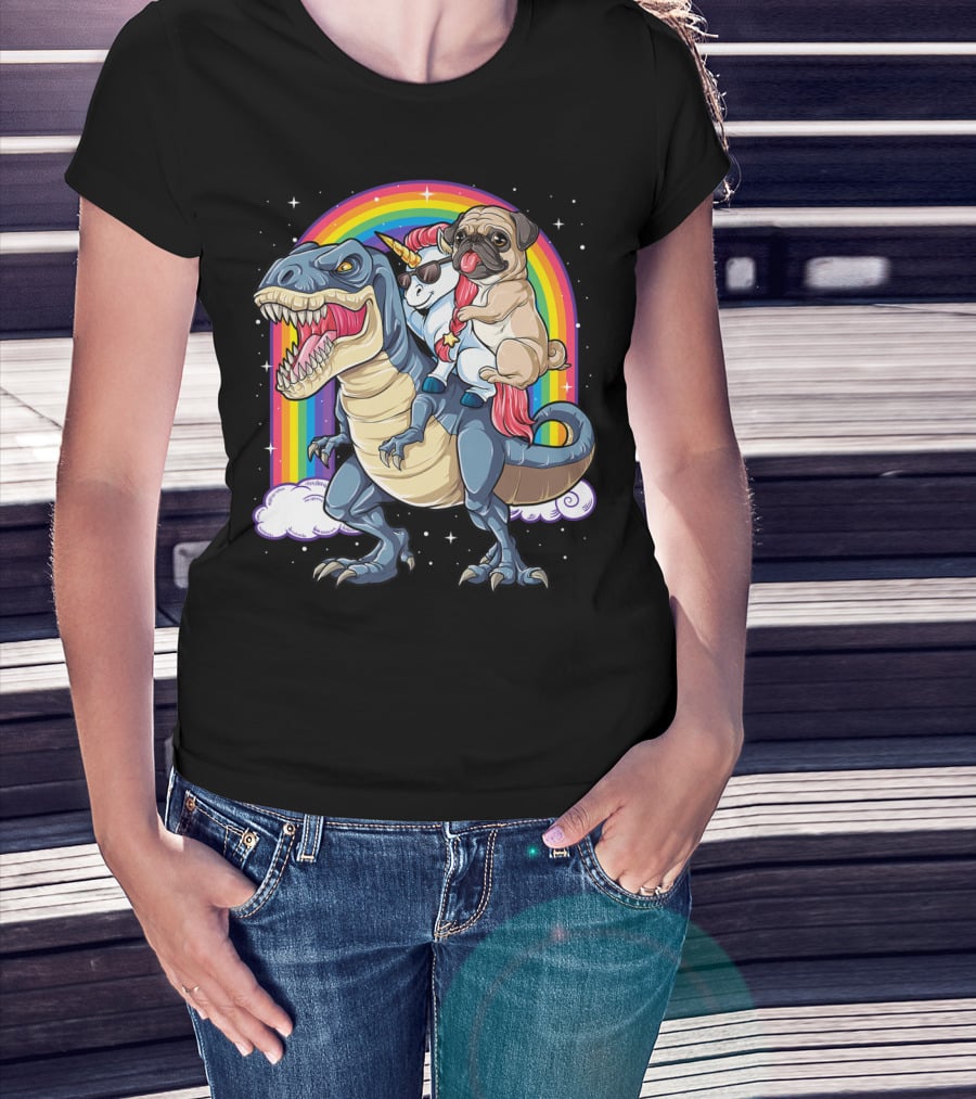 Pug Unicorn Riding Dinosaur With Rainbow Kids Girls Women T-Shirt