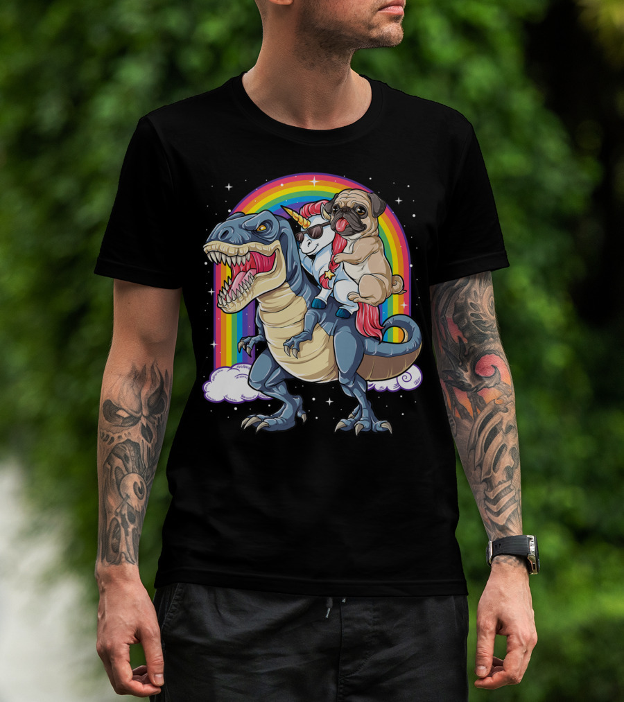 Pug Unicorn Riding Dinosaur With Rainbow Kids Girls Women T-Shirt
