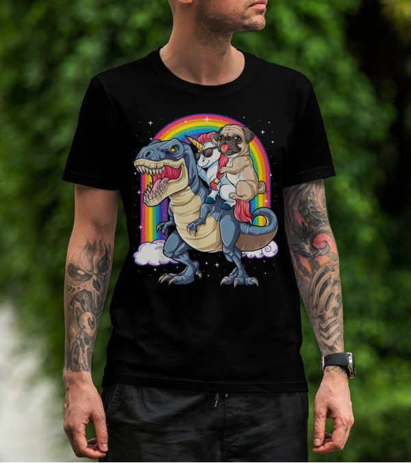 Pug Riding Unicorn Riding Dinosaur Under Rainbow T-Shirt