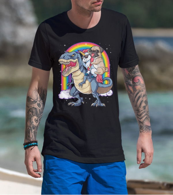 Pug Riding Unicorn Riding Dinosaur Under Rainbow T-Shirt