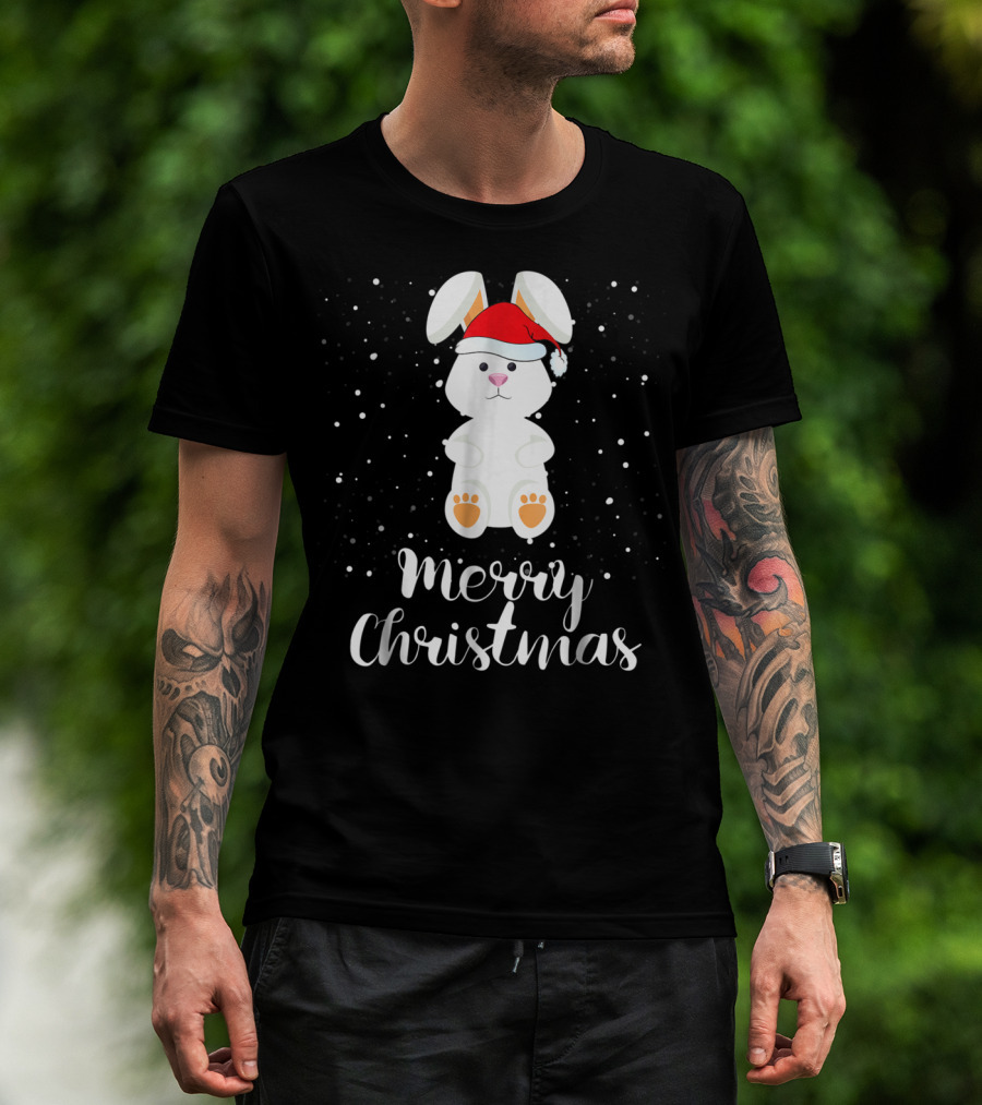 Merry Christmas Rabbit Funny Santa Hat Matching Family Group T-Shirt